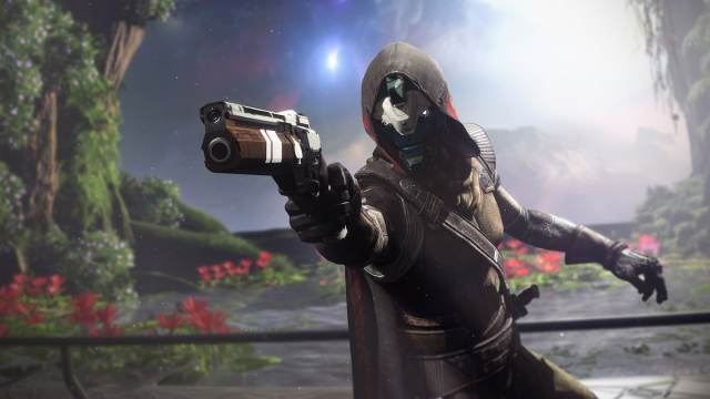Cayde-6 pointing his Ace of Spades at the camera within the Pale Heart in Destiny 2