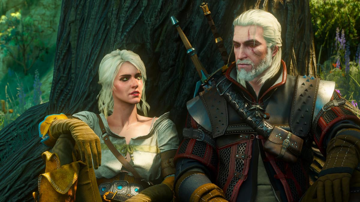 Geralt in The Witcher 3 sat alongside a woman.