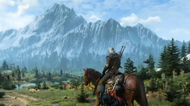 Geralt in The Witcher 3 riding a horse.