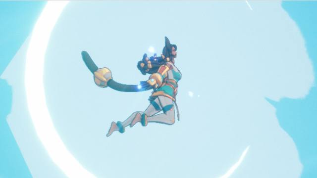 Erika jumping through a blue sky.