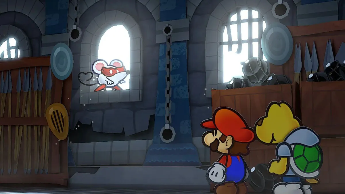 Mario and Koopa Troopa stand in a castle looking at a mouse in Paper Mario: The Thousand-Year Door.