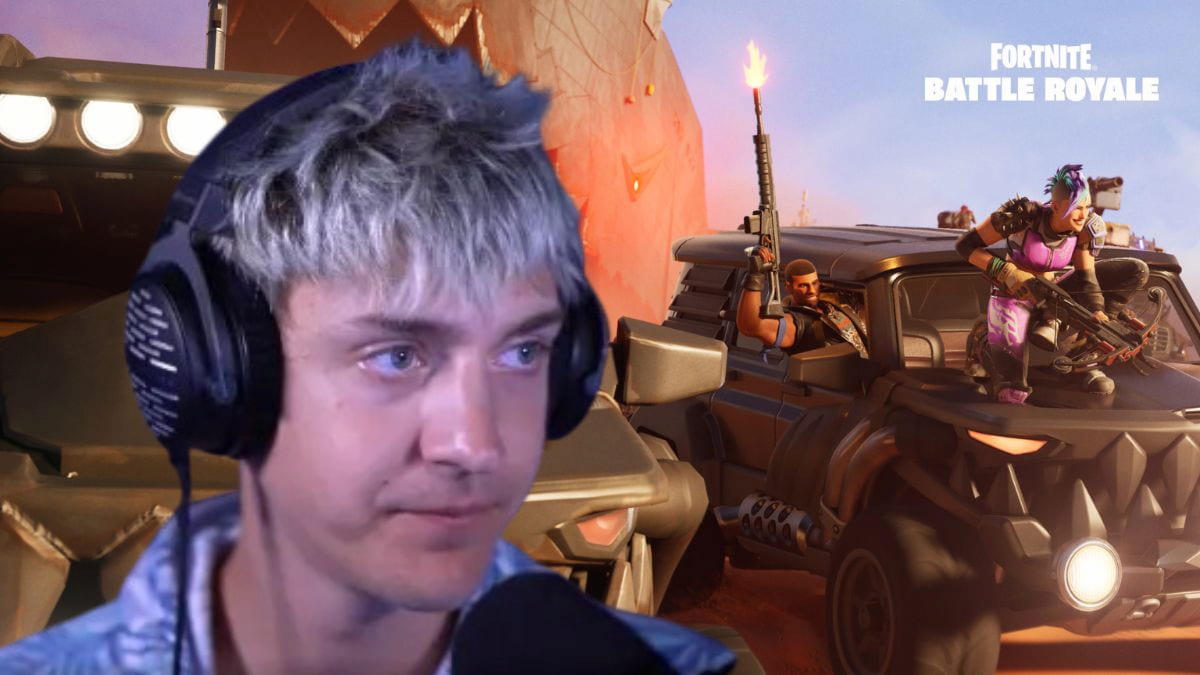Ninja with Fortnite vehicles in the background.
