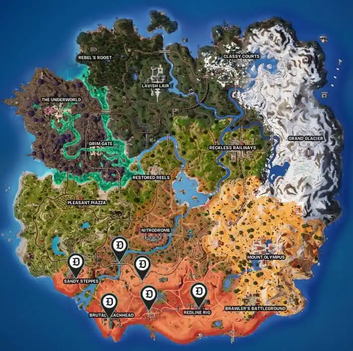 In-game Fortnite map showcasing all surveillance devices to find,