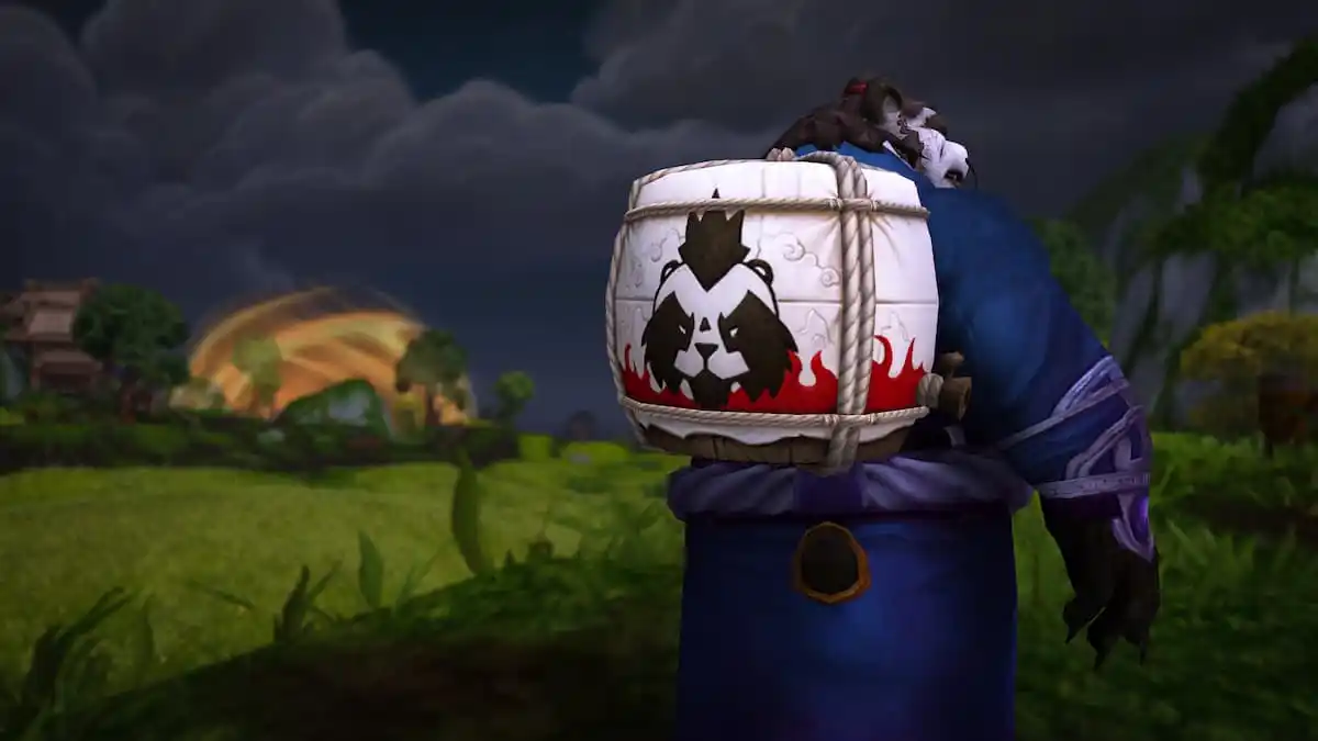 Pandaren carrying a large barrel on his back