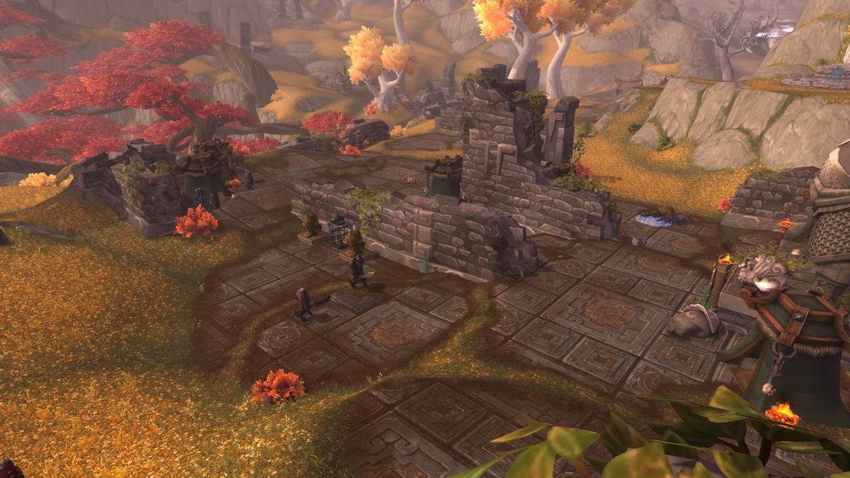 WoW MoP Remix Ruins of Guo-Lai with a few enemies walking around
