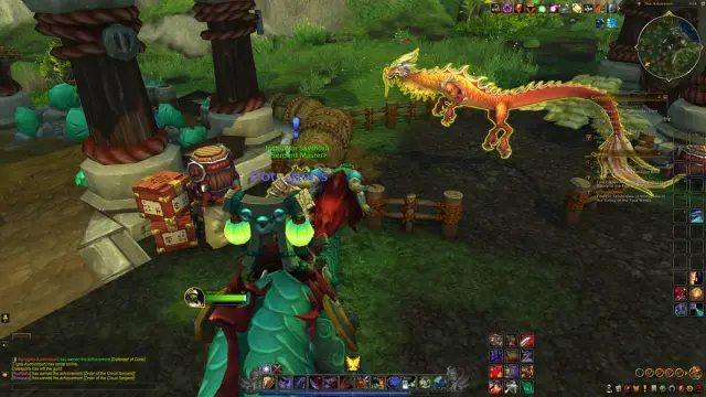 WoW Player is riding a Jade Serpent and looking at a Yellow Serpent