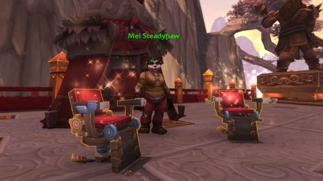 Mei Steadypaw in WoW MoP remix standing next to two barber chairs