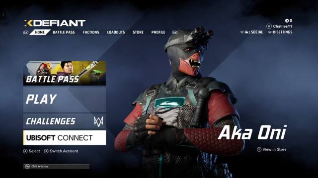 The main menu in XDefiant with the Ubisoft Connect tab highlighted.