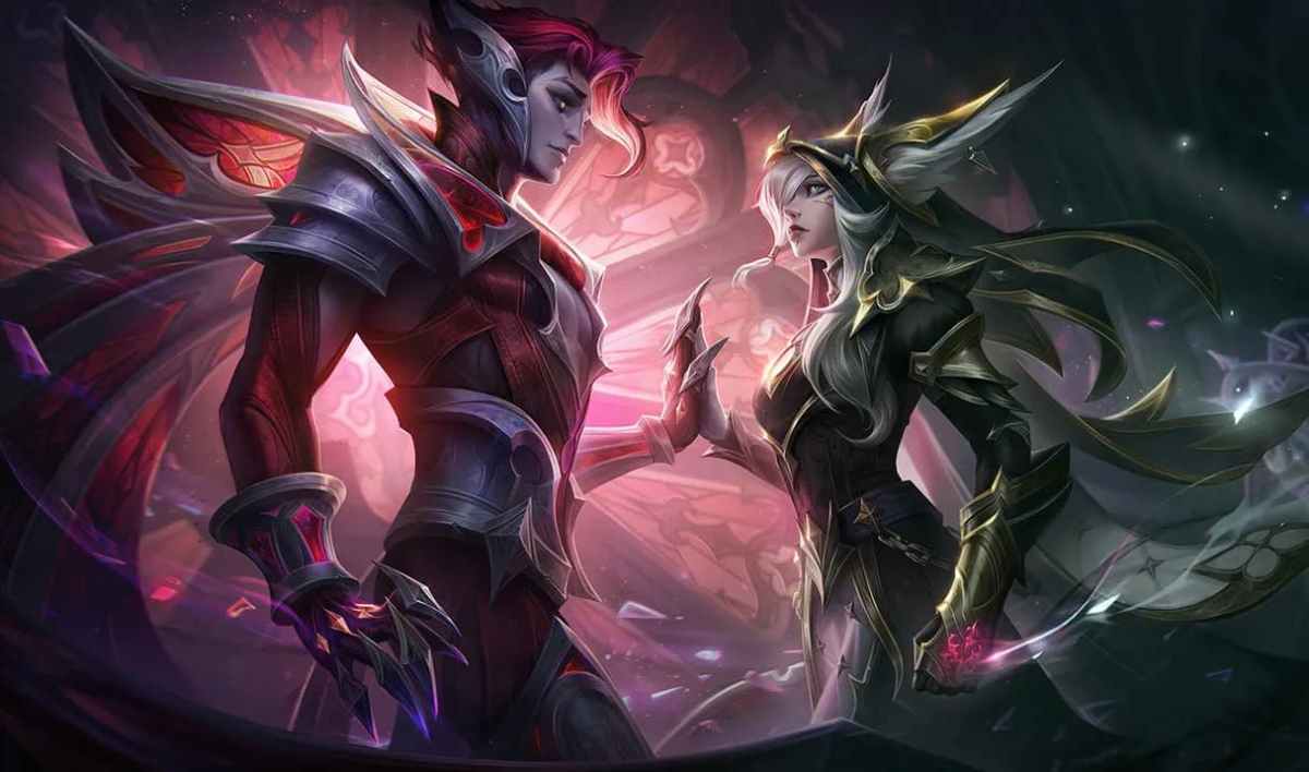 Rakan and Xayah holding hands and looking into each other's eyes.