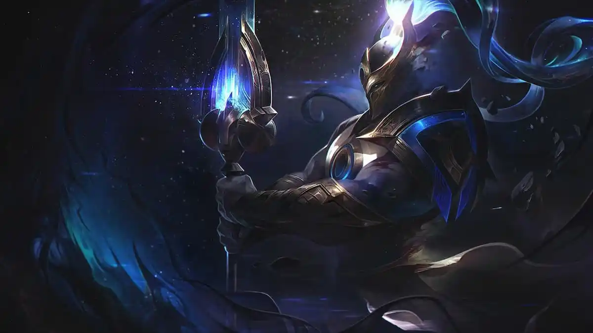 Xin Zhao holding his spear in space.