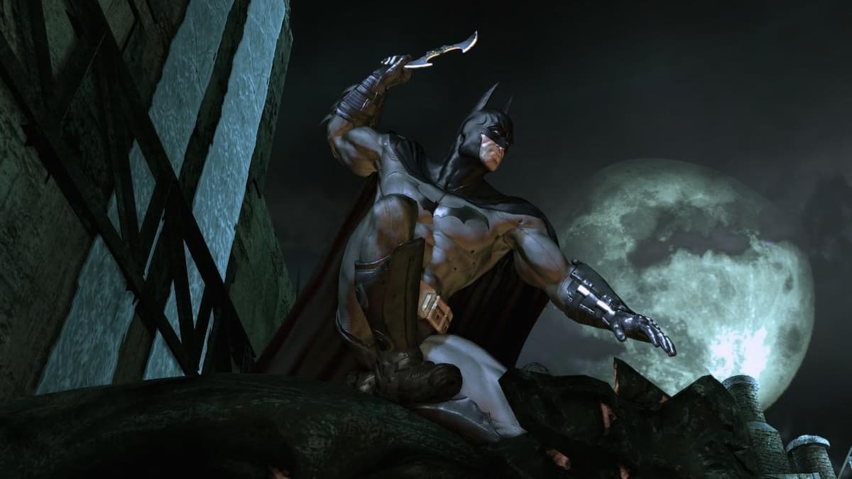 Batman holding a weapon in Batman: Arkham Asylum.