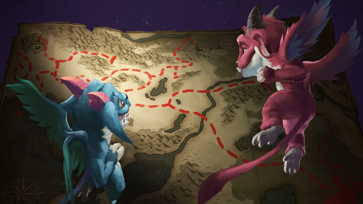 Two dragon-like creatures flying above a map.