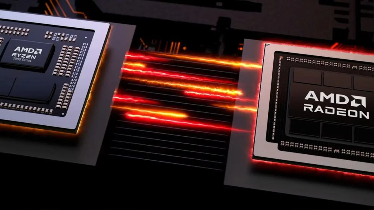 AMD Ryzen CPU and AMD Radeon GPU with orange and red lines between them