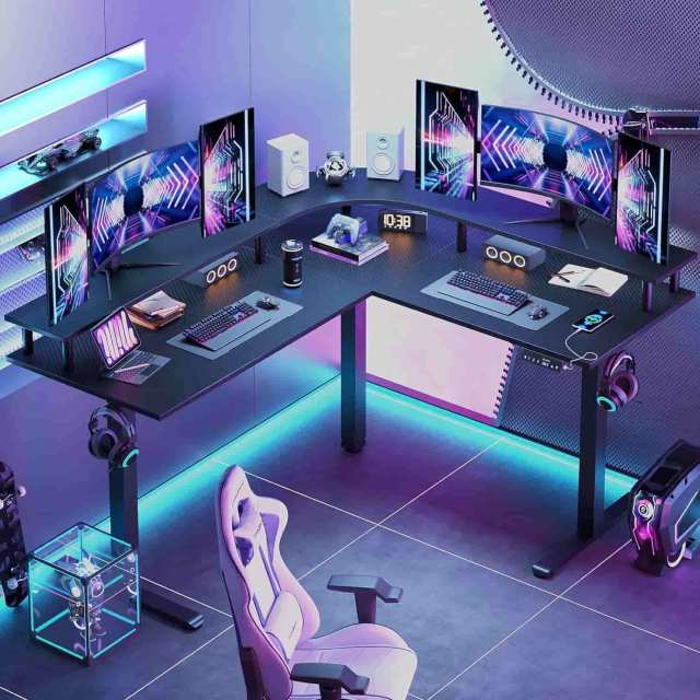 Bestier 63 Inch Large L Shaped Standing Desk with two full PC builds on it, in a purple room