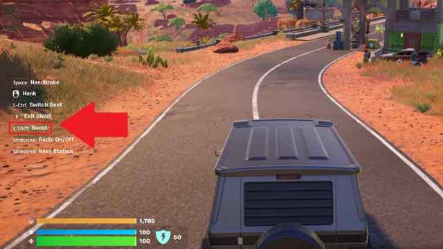The boosting option for cars marked in Fortnite.