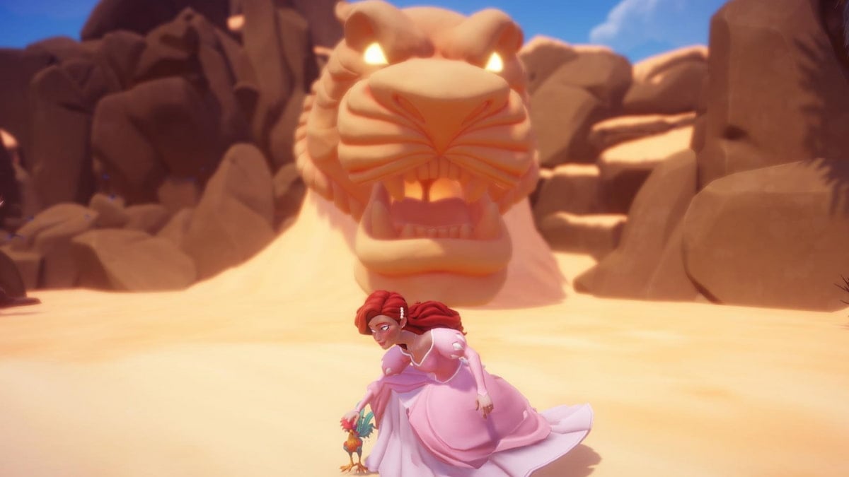 The player kneeling with Hei Hei in front of the Cave of Wonders in Disney Dreamlight Valley.