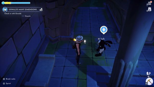 oswald with quest marker for player to check in with him