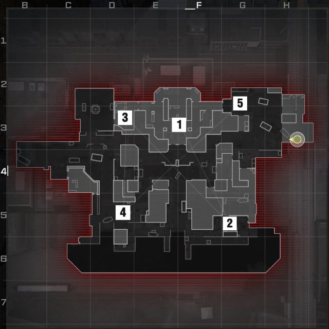 A screenshot of a map of Grime in CoD: MW3, with its Hardpoints marked.