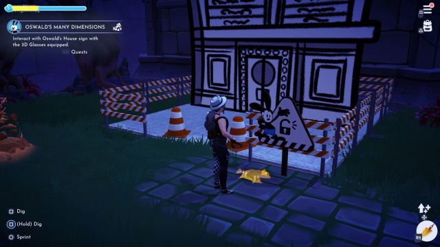 player interacting with oswald's houses' construction sign