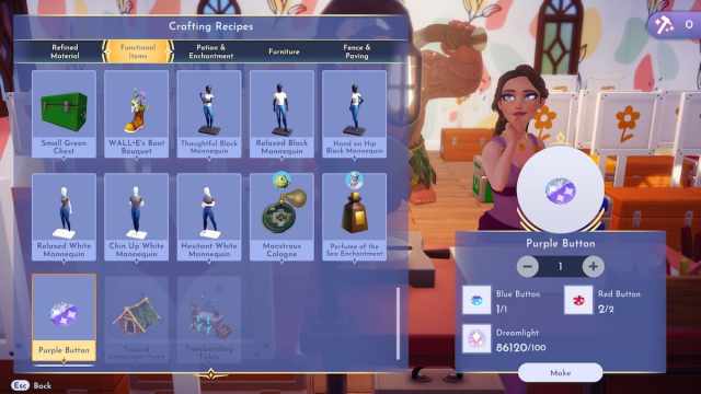 Crafting a Purple Button in Disney Dreamlight Valley.