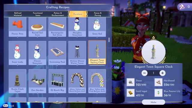 Crafting an Elegant Town Square Clock in Disney Dreamlight Valley.