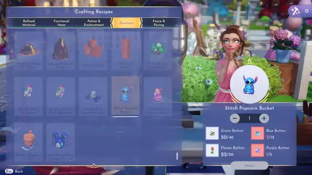 The crafting popcorn buckets page in Disney Dreamlight Valley.
