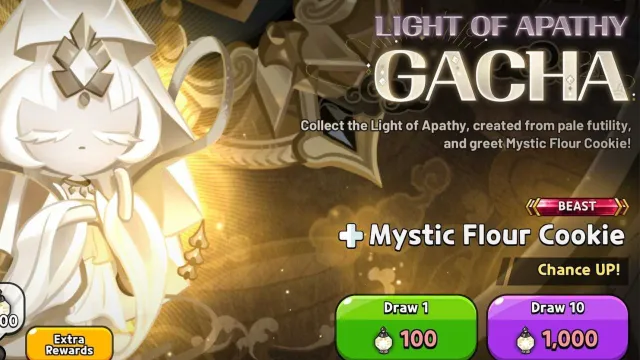 A screenshot of the Light of Apathy gacha in Cookie Run Kingdom.