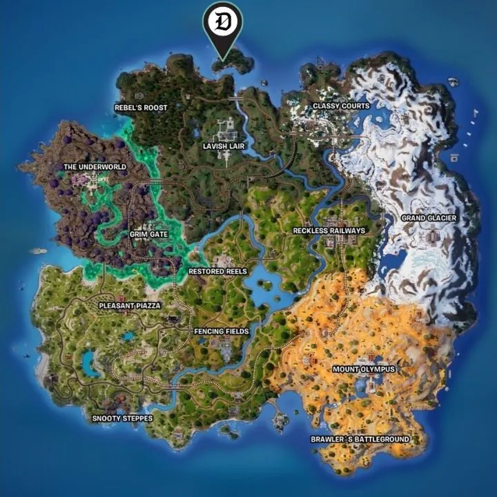 The Fortnite chapter 5 season 2 map highlighting the Darth Vader location north of the map.
