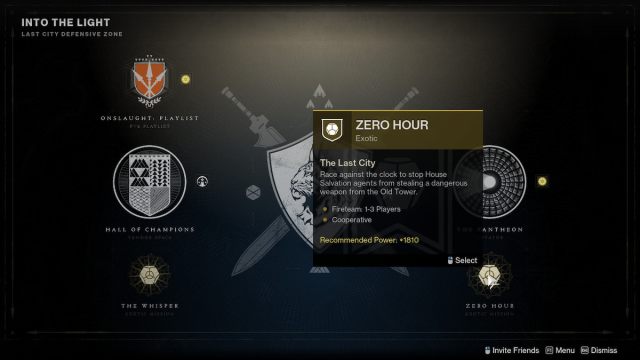 Zero Hour exotic mission node in Destiny 2