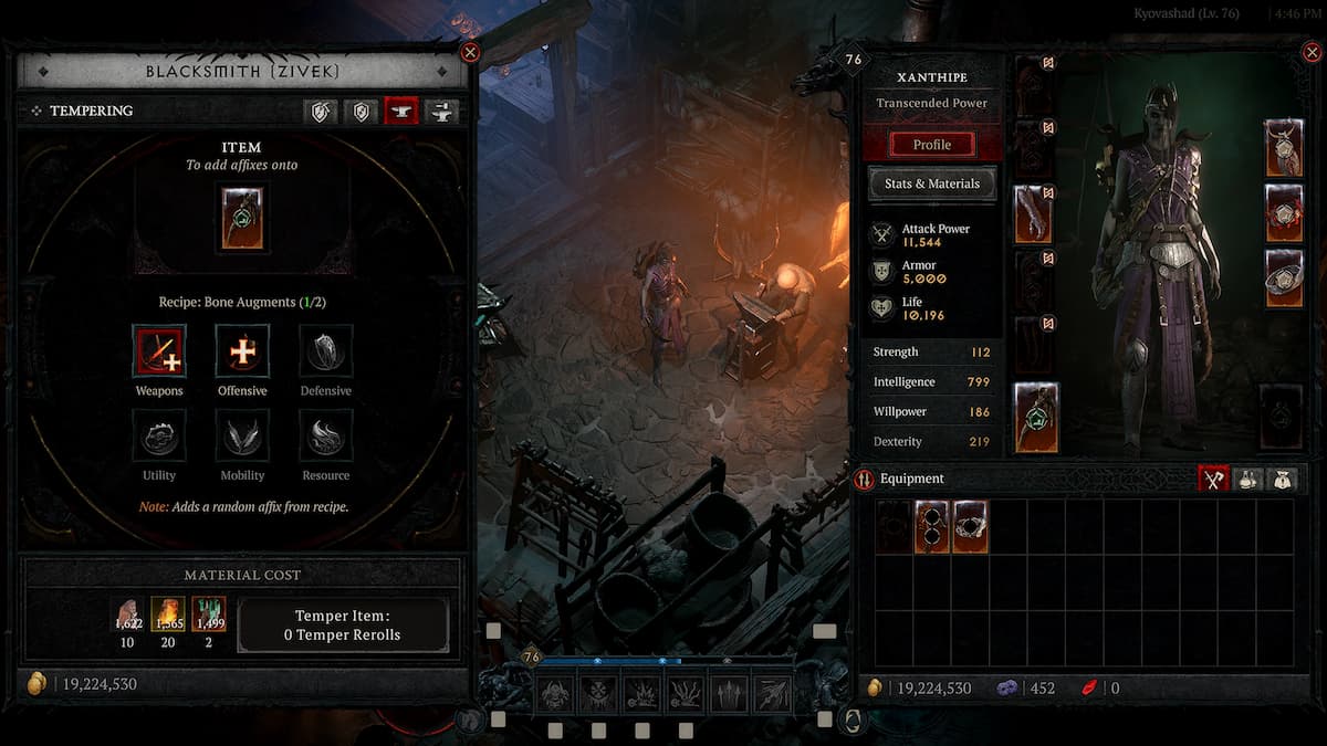 The blacksmith menu in Diablo 4.