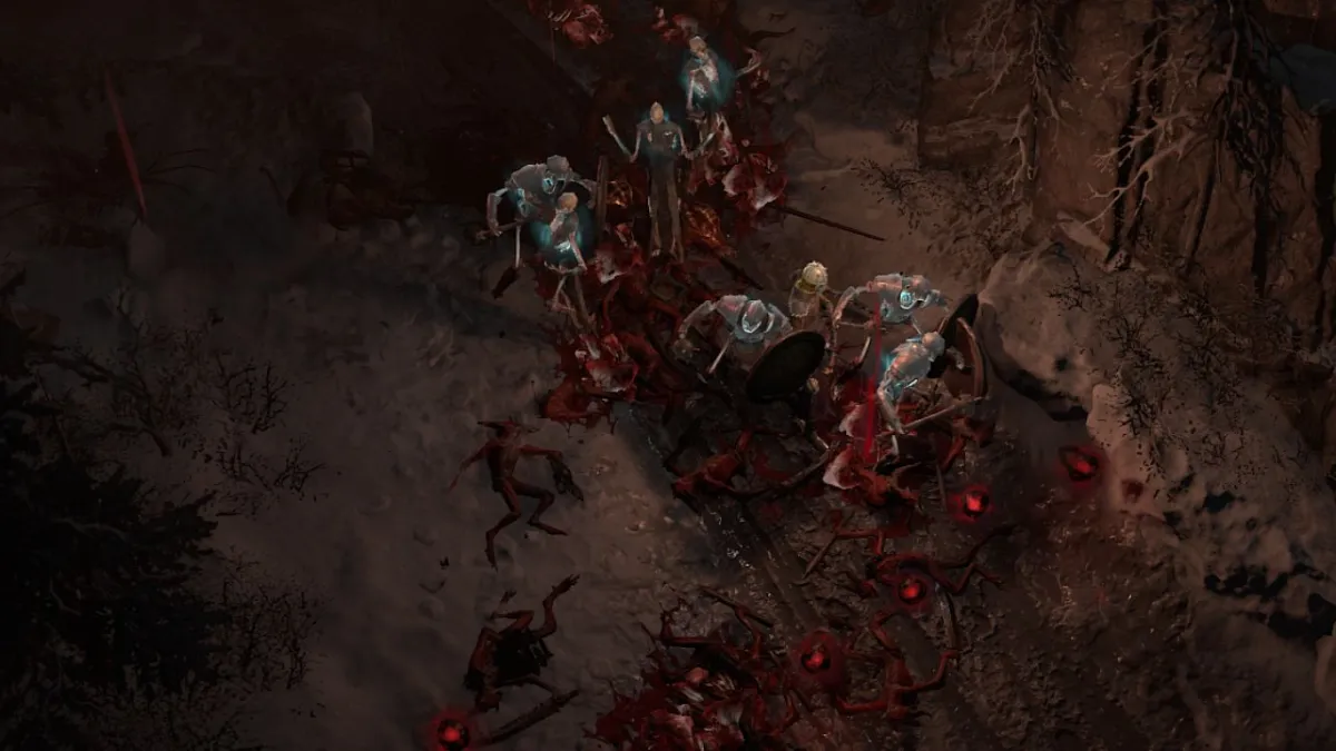 A Diablo 4 Necromancer with his minions in the Helltide.