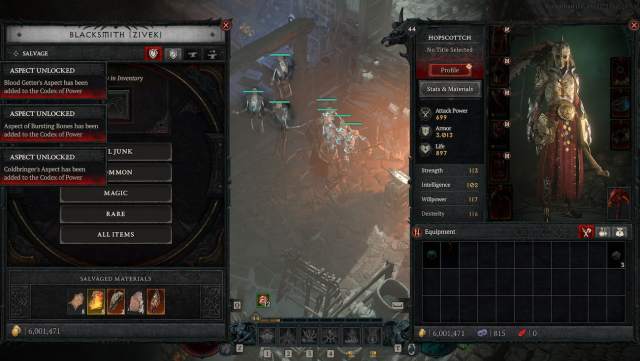 Diablo 4 player unlocking new Aspects by salvaging Legendary items.