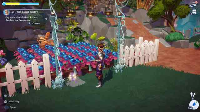 The player about to dig for Mother Gothel's Purple Seeds in Disney Dreamlight Valley.