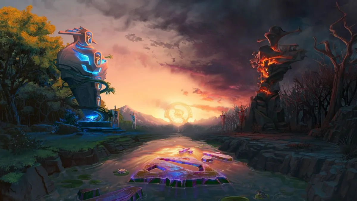 Dota 2 cinematic screenshot featuring the Radiant and Dire towers facing off with the Aegis of Champions in the background