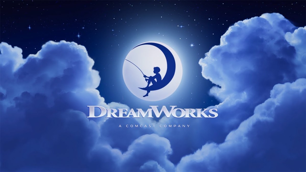 A boy sitting on the moon with a fishing rod. It's the DreamWorks logo.