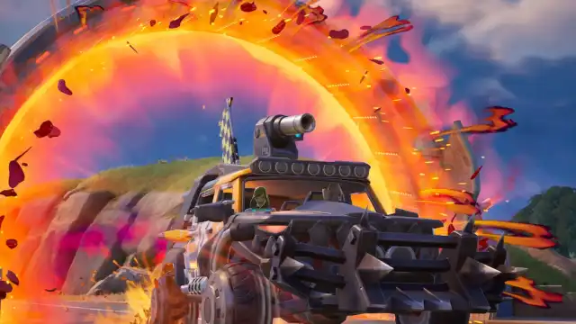 Gamora and Groot driving a car through a Nitro ring in Fortnite.