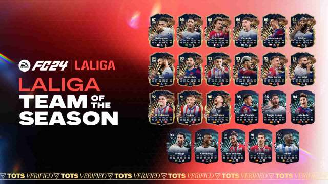 All EA FC 24 La Liga TOTS cards on a red black background