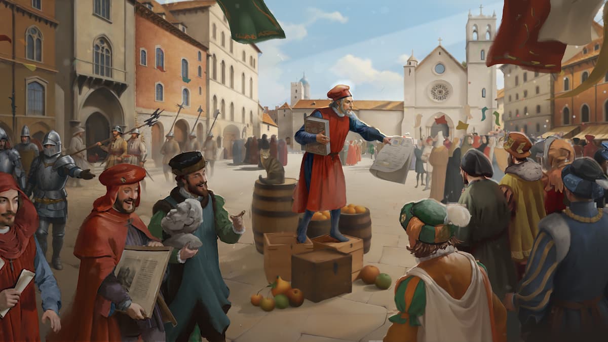 A merchant selling goods in medieval Europe, as seen in Europa Unversalis 5.