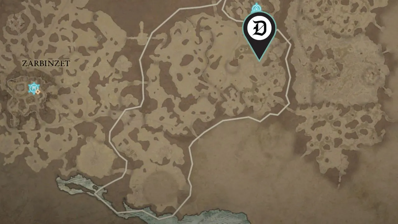 The Diablo 4 map zoomed into Fethis Wetlands showing the location of the Blood Maiden.