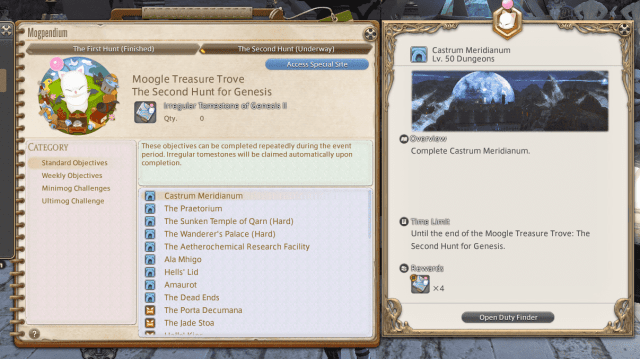 A menu in Final Fantasy 14 shows the Mogpendium, a collection of reward information for the Moogle Treasure Trove: The Second Hunt for Genesis event.
