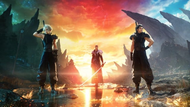 Final Fantasy 7 Rebirth official artwork featuring Cloud, Zack, and Sephiroth