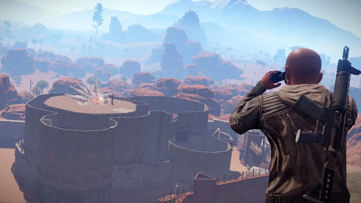 Rust player looking at an enemy base using binoculars