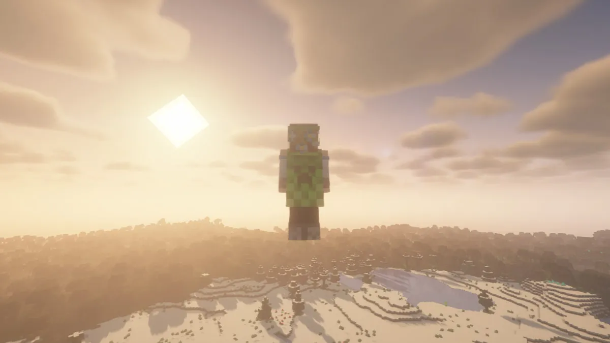 The player flying in the sky while wearing the Creeper Cape in Minecraft.