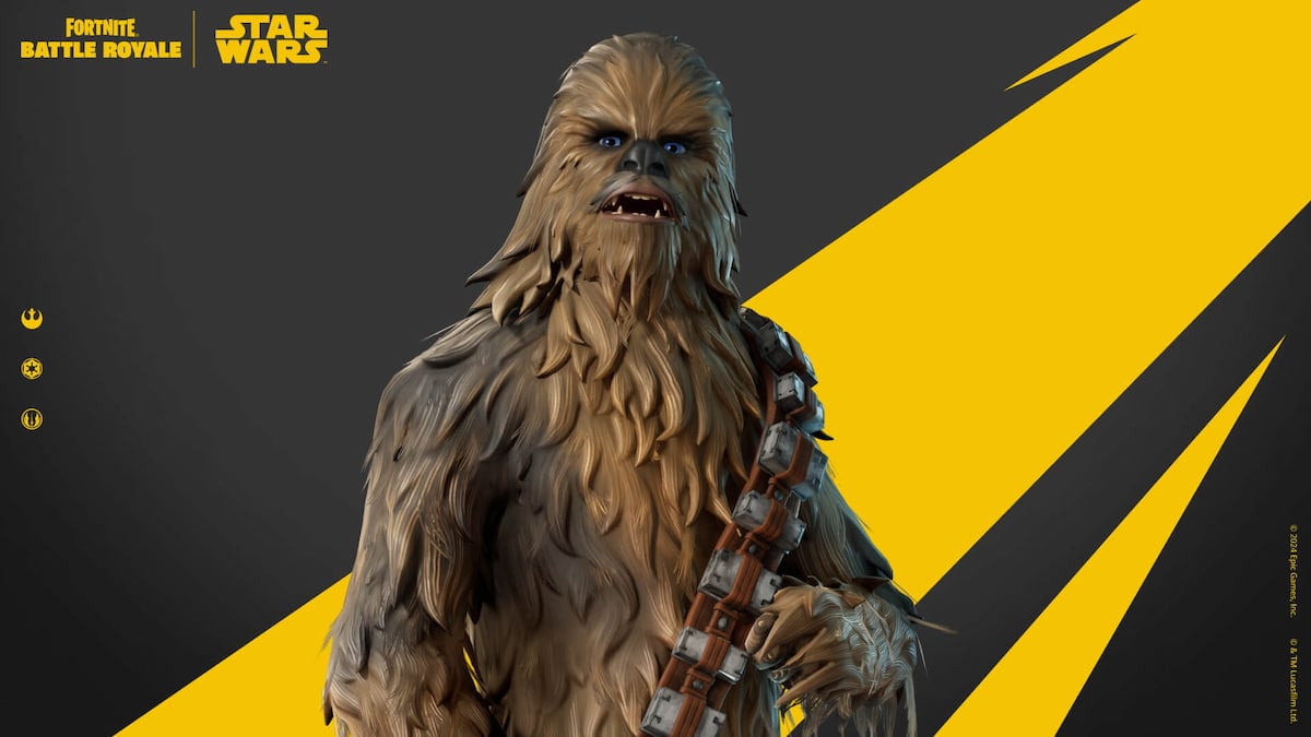 The Chewbacca skin in Fortnite in front of a yellow and grey background.