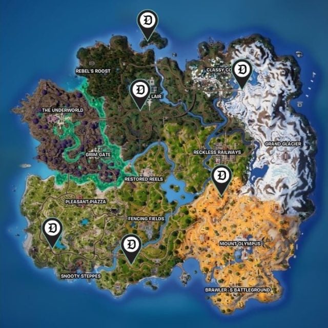 The Fortnite map highlighting the stormtrooper locations with a Dot Esports pin