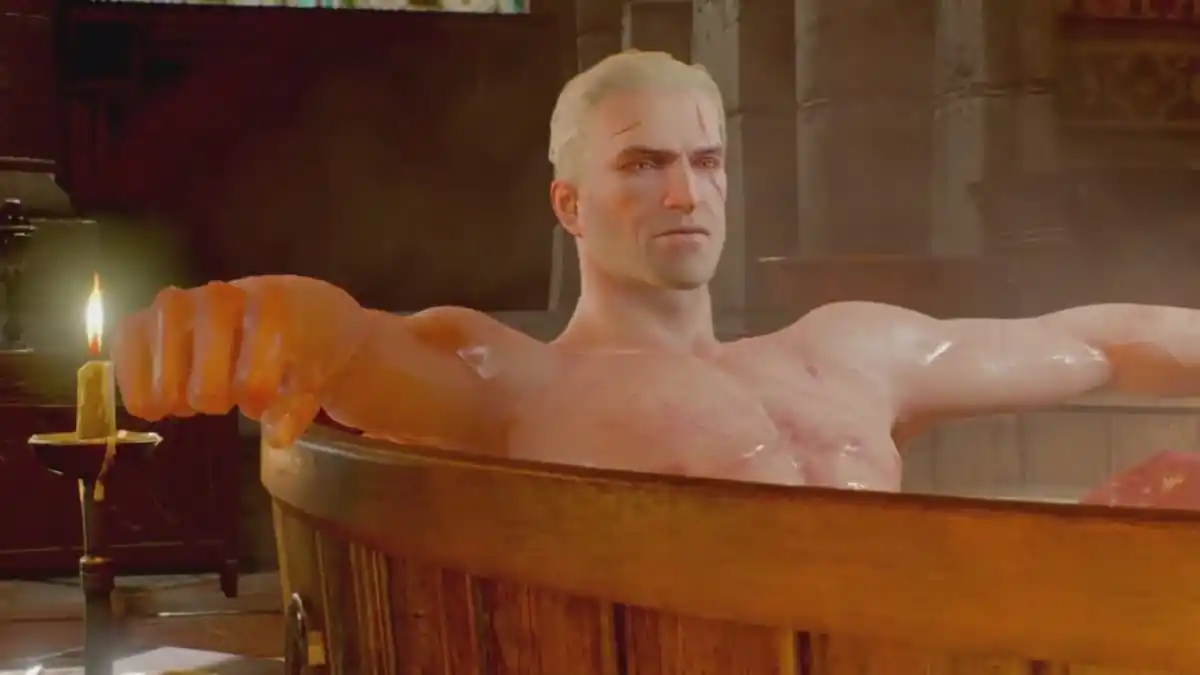 Geralt sitting in a bathtub in The Witcher 3.