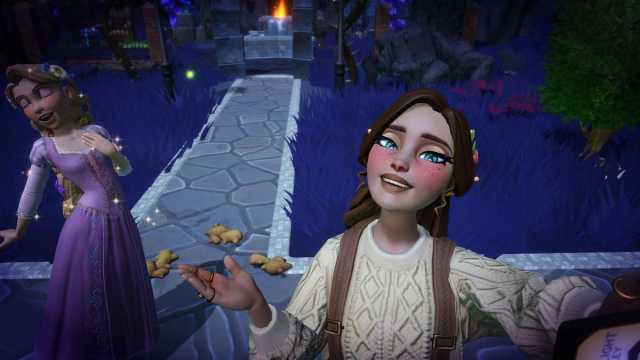 The player taking a picture with some Ginger on the ground in Disney Dreamlight Valley.