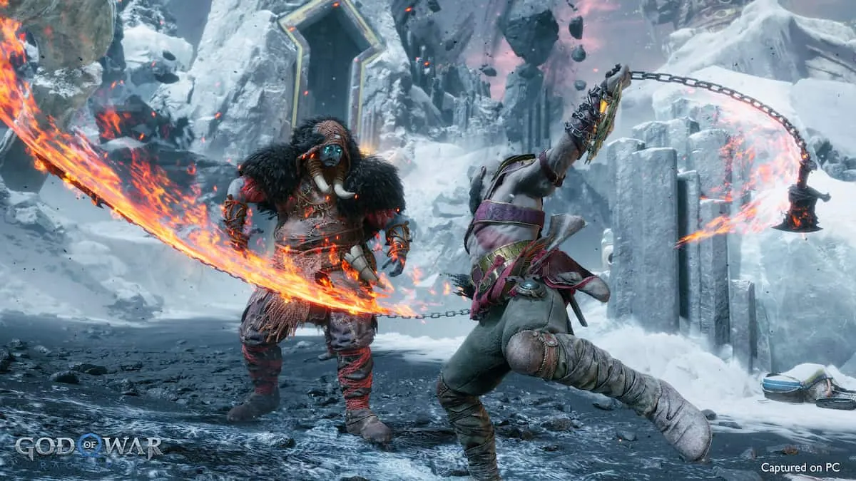 God of War Ragnarok screenshot featuring Kratos take on a monster in a snowy landscape