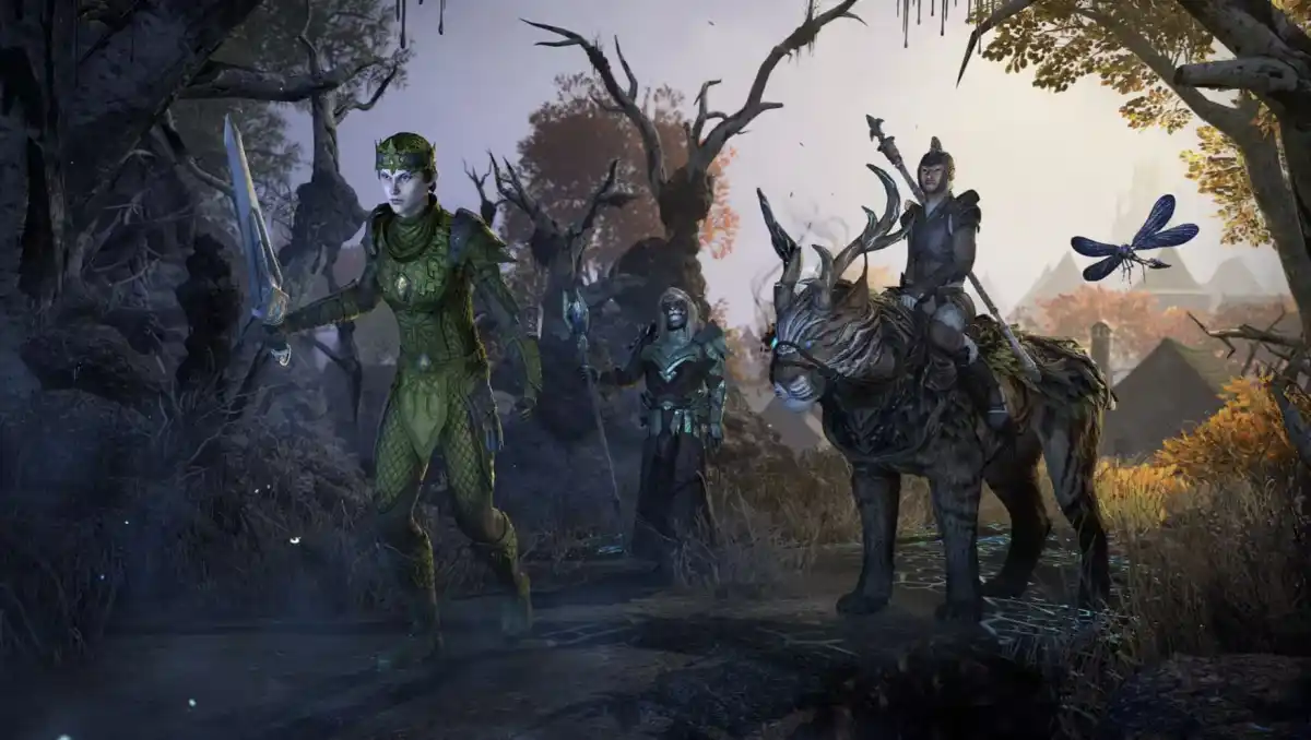 An image of a Breton, a Khajiit, and a Wood Elf setting off down a wood-laced path in ESO.