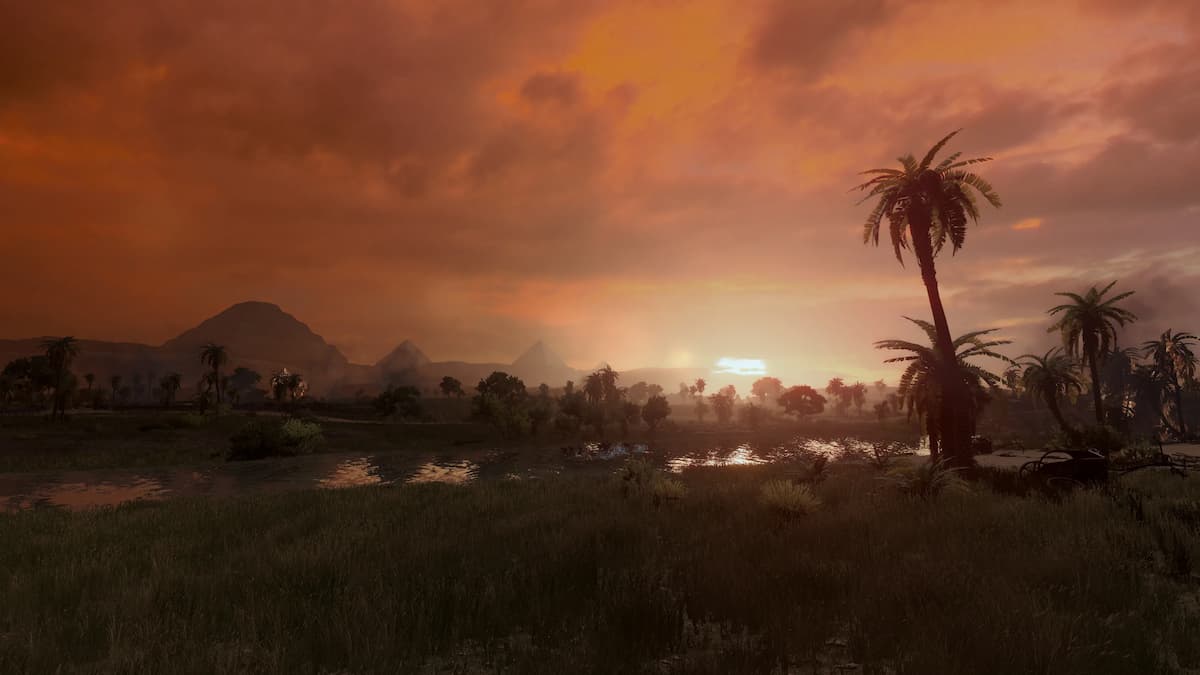 A foreboding image of dustry plains with a crumbling pyramid on the horizon